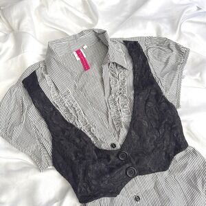 Heart Soul Striped Ruffle Blouse with Lace Vest Overlay Tie Back Black White L